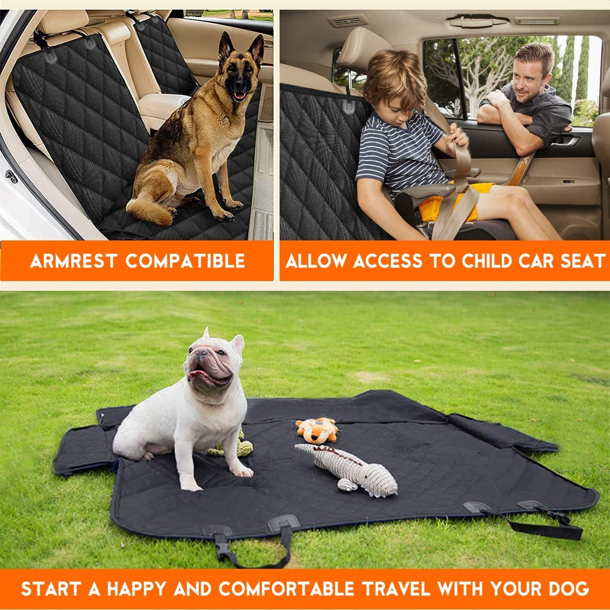Dog Car Seat Protector - Waterproof Back Seat Cover for Pets, Non-Slip Design with Middle Armrest Compatibility for Most Cars, Trucks, and SUVs - Black