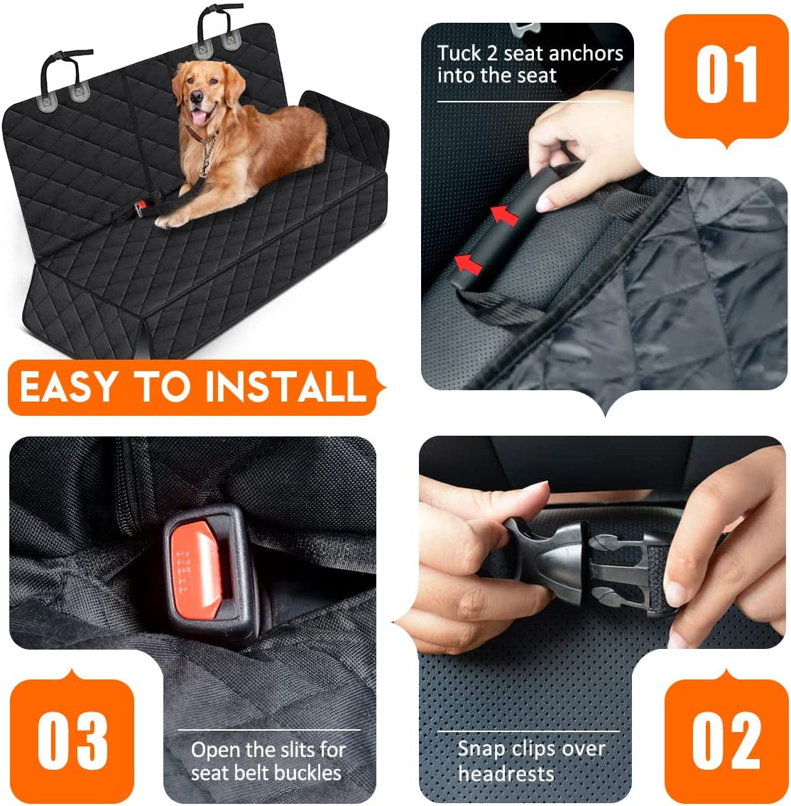 Dog Car Seat Protector - Waterproof Back Seat Cover for Pets, Non-Slip Design with Middle Armrest Compatibility for Most Cars, Trucks, and SUVs - Black